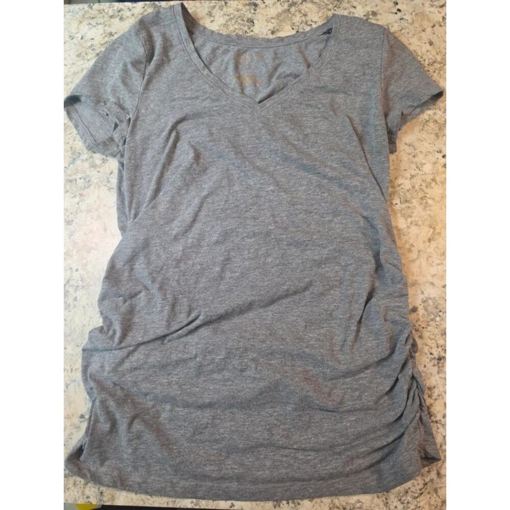 Maternity Grey V-Neck Ruched Short Sleeve Tee - Size M